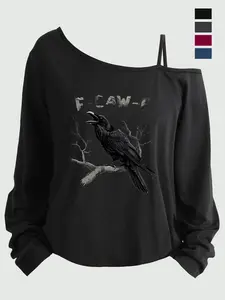 Plus Size Women's Cartoon Print Long Sleeve Spaghetti Strap Top, Asymmetrical Neckline, Loose Fit, All Seasons, Sizes 1-8xl