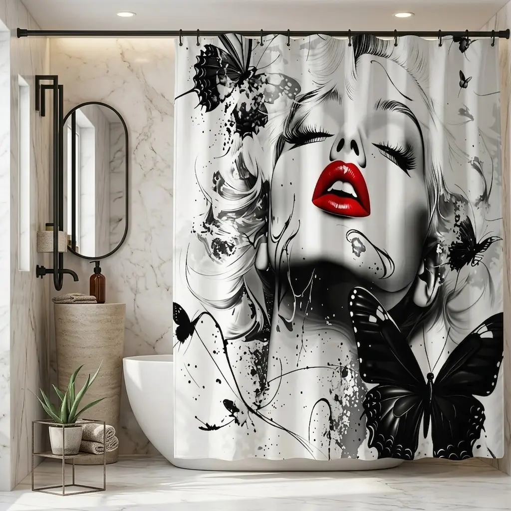 Elegant Marilyn Monroe Shower Curtain, Decorative Shower Curtain, Artistic and Portrait, Vibrant Lips, Butterfly Motifs, Abstract Swirls, Glamorous Bathroom Decor