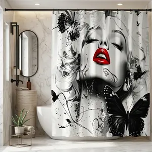 Elegant Marilyn Monroe Shower Curtain, Decorative Shower Curtain, Artistic and Portrait, Vibrant Lips, Butterfly Motifs, Abstract Swirls, Glamorous Bathroom Decor