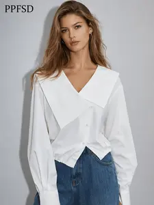 French Style Irregular Large Collar Shirt for Women, 2026 Spring Summer New Fashion, Slimming High-Quality Blouse, Long Sleeve Design Top