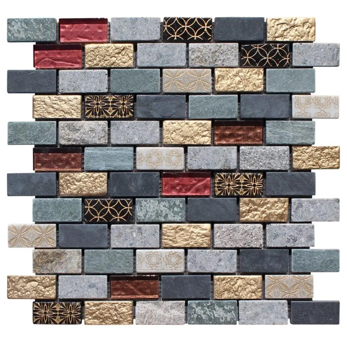 212 MAIN Mosaic Tile, 1x2 in. Brick Joint Linear Blend in Royal Gold, Natural Stone and Glass, Water Resistant Mesh-Backed Sheet for Indoor Focal Accents