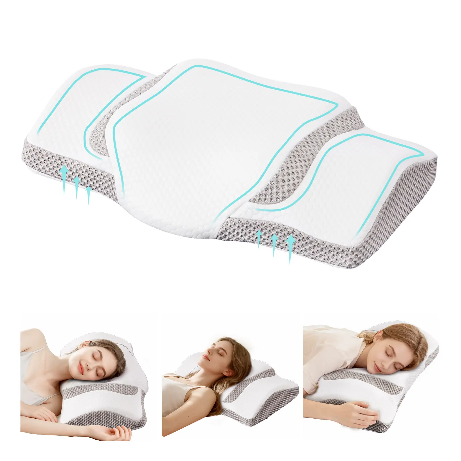 Sweetcrispy Contoured Memory Foam Cervical Pillow - Pillows for Sleeping, Open Cell, 2 Heights, Ergonomic Spine Alignment Support, Included Pillowcase, for Side Sleepers (White & Grey), Anatomical Neck Pillows