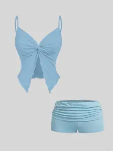 Women's Summer Sexy Feminine Crop Top Set, Adjustable Straps, Twist Front Design, Ruffle Hem Shorts, Two-Piece for Casual Wear