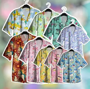 Hawaiian Summer Cute Cartoon Printed Shirts For Mens Short Sleeve Shirts Oversized Short-Sleeved Hip Hop Streetwear Men's Tops Fabric