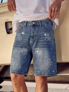 Men's blue rhinestone-embellished denim shorts, full-coverage rhinestone inlay craftsmanship creates a dazzling visual effect, straight cut paired with a vintage worn denim base, a distinctive party vacation style piece.