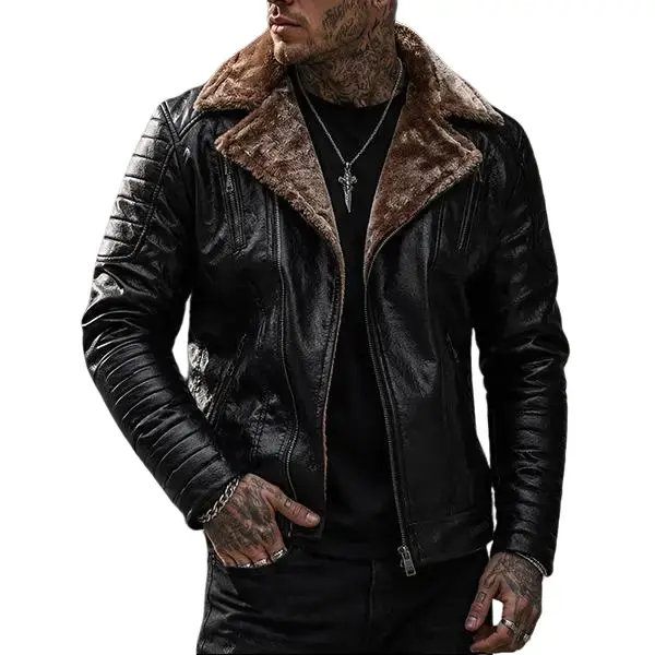 American-style men’s black PU leather motorcycle jacket for autumn/winter, featuring a slant zipper and fleece lining; brown plush fabric with a large lapel collar, slim fit, thickened design; retro hard-man style riding jacket.