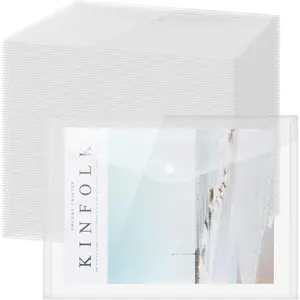 100 Pcs Clear Envelopes with Snap Button Closure A4 Letter Size Plastic Poly Document File Folders for Home Office, Clear Simple Style