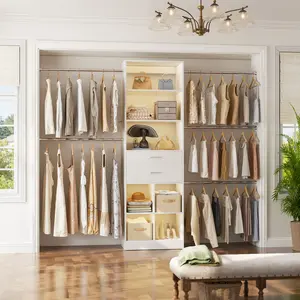 Unikito 66''-100'' Adjustable Walk-in Closet Organizer with 5 Hanging Rods and 2 Drawers, Morden Closet System with Storage Shelves and Cube Storage Organizer