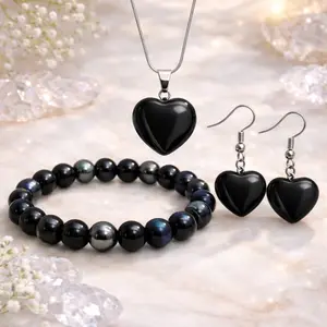 Jewelry Gift Set – Heart Pendant & Earrings, Black Odsidian Style Bracelet
