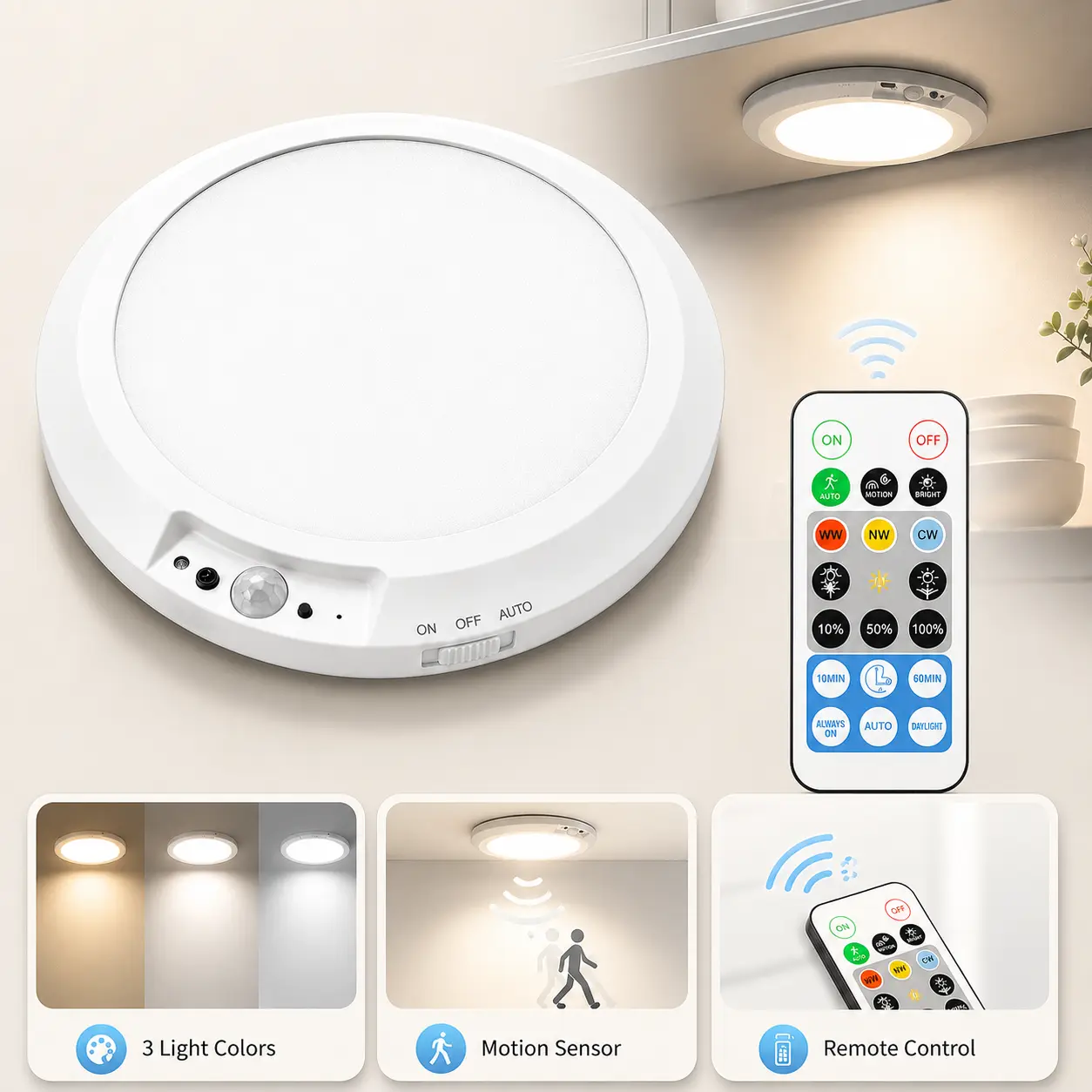 VANOTOM All-in-2 Rechargeable LED Motion Sensor Ceiling Light | 12mm Ultra-Thin, 120° Wide Angle, Magnetic No-Drill Mount, 3CCT, 10-Level Dimmable for Closet, Hallway