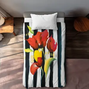 360 Stand Twin Size Duvet Cover - Vibrant Red Floral Striped Microfiber Face, Easy Care Bedding for Twin Size Bedroom Decor, Vibrant Floral
