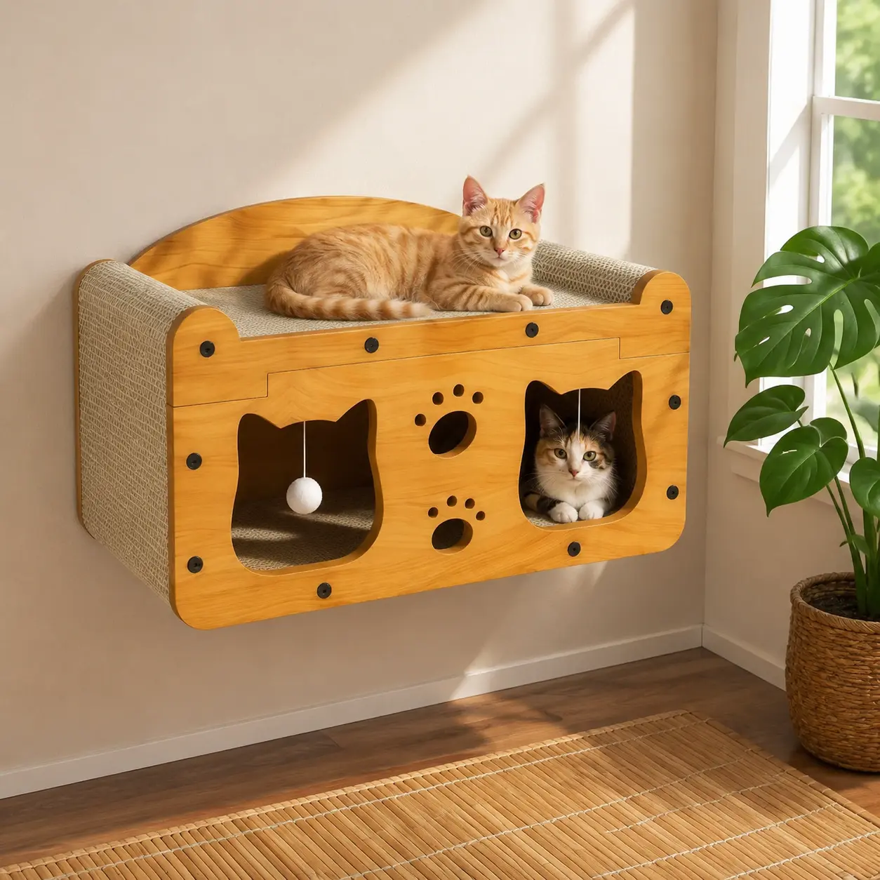 Wall-mounted wooden  viewing platform (with scratching pad), double-layer  hammock shelf with interactive toy ball dark grey durable wear indoor adult cat