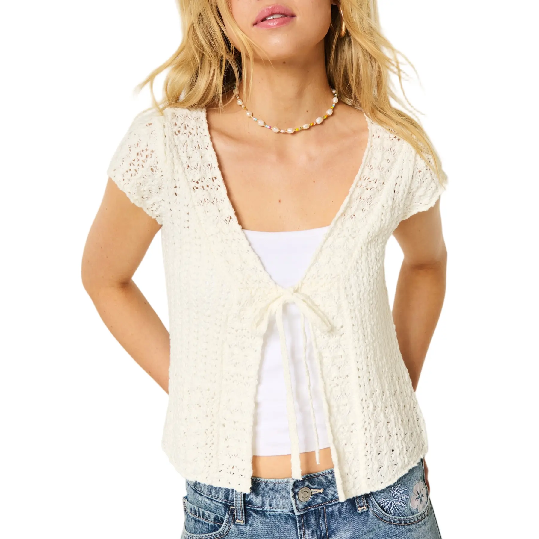 Hixiaohe Women's V-Neck Tops, Cropped Cap Sleeve Tie-Front Knit Cardigan, Soft Breathable Cotton Blend for Summer Matching
