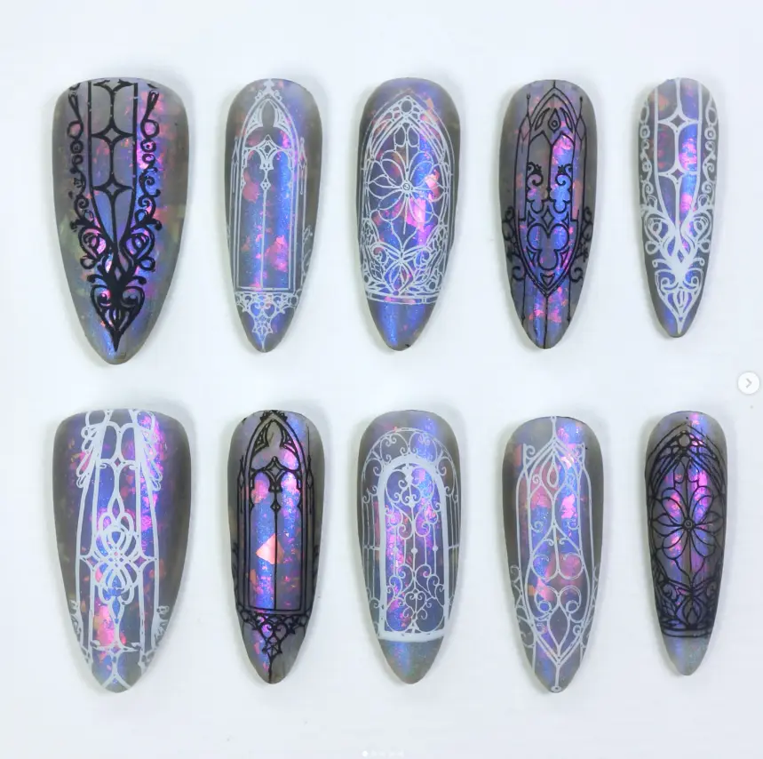 Gothic Cathedral Window Press On Nails | Iridescent Chrome Base with Intricate Stained Glass Black & White Art | Handmade Fantasy Set