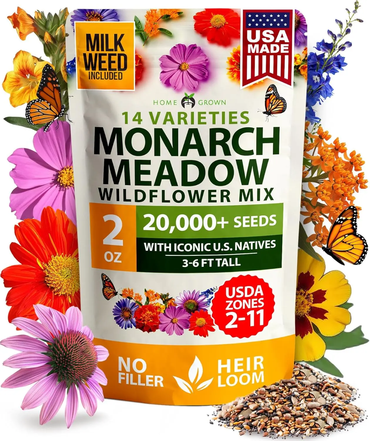 Wildflower & Milkweed Seeds for Planting Outdoors – Heirloom Perennial Flower Seed Mix, Monarch Butterfly Garden Seeds, High Germination Pollinator Seeds for Bees & Birds