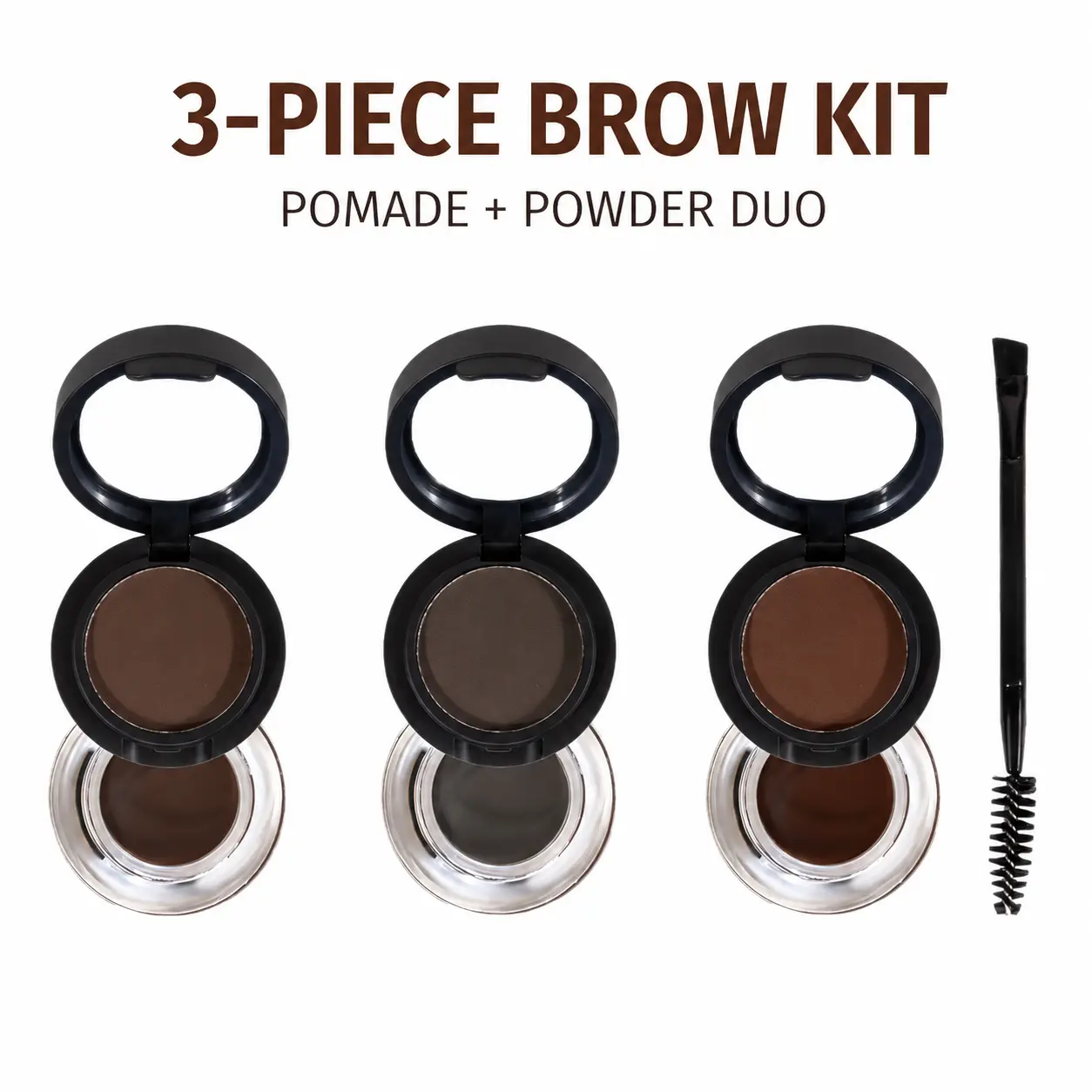 Waterproof 3 Color Eyebrow Kit Set | 2-in-1 Brow Pomade & Powder | Long Lasting Smudge Proof | Natural Looking Brows with Dual-Ended Brush