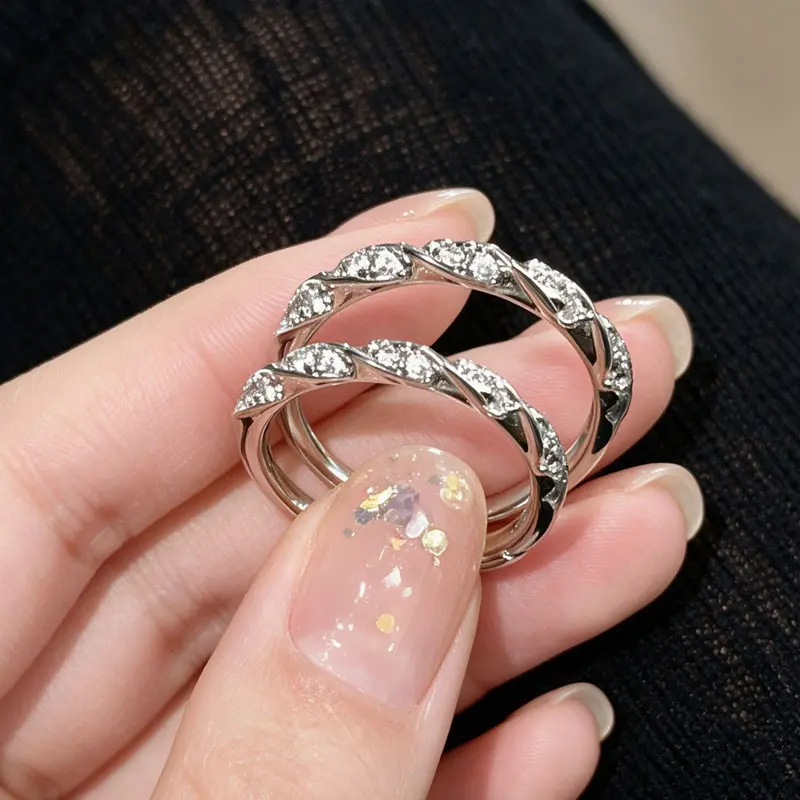 Twisted Band Paved Crystal Ring Set, Stackable Rhinestone Couple Rings, Rose Gold Tone Delicate Finger Jewelry for Women