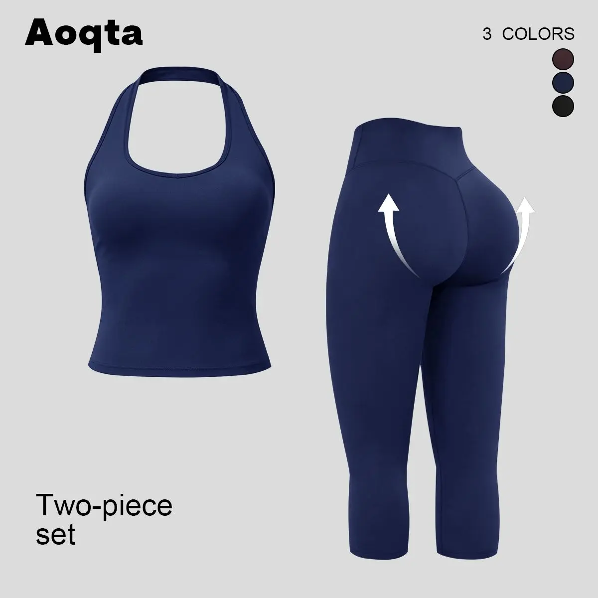 Aoqta Women's 2 Piece Halter U Neck Tank Top & High Waist Capri Leggings Set, Sleeveless Athletic Workout Outfit for Yoga, Pilates, Training & Daily Wear
