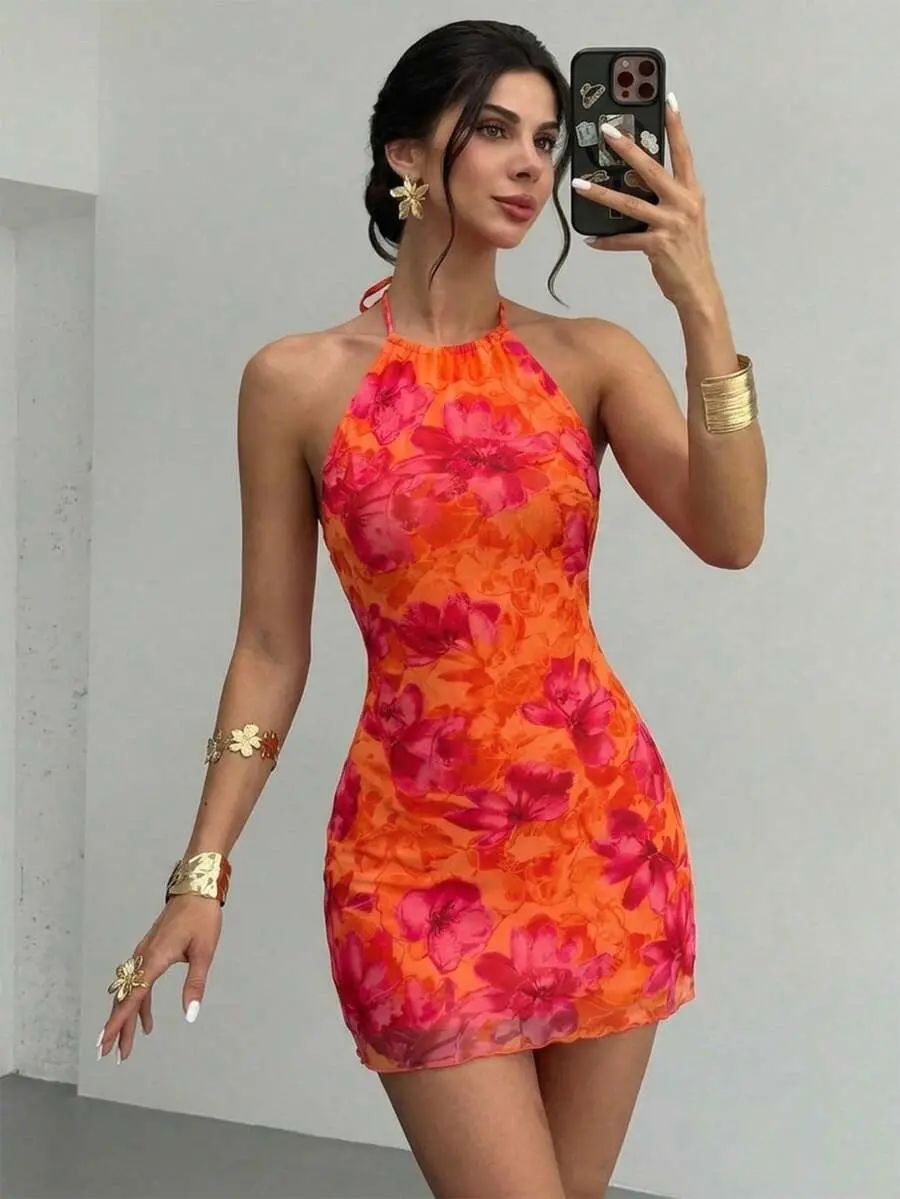 HERMIA Burnt Orange Floral Mesh Mini Dress Women Elegant Cold Shoulder Halter Tie Summer Boho Vacation Beachwear for Hawaii Party