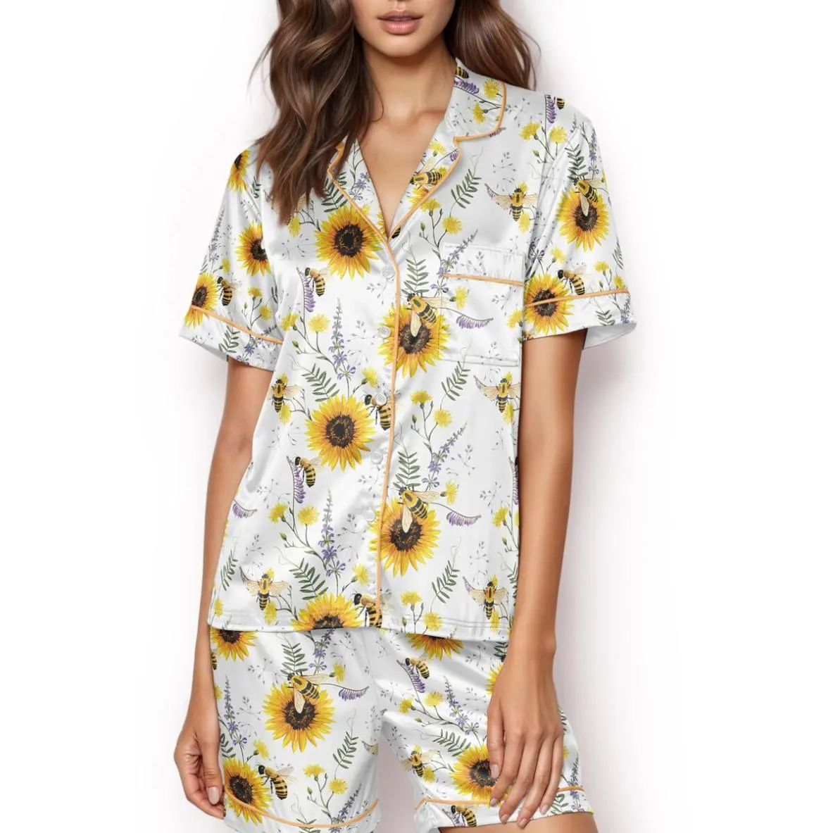 Bee Sunflower Satin Pajama Set, Floral Summer PJs for Women, Nature Lovers Pajamas, Honeybee PJs, Beekeeper Gift, Gift For Bees
