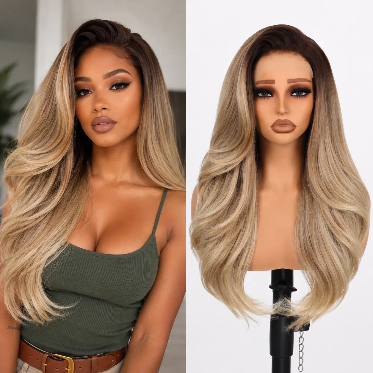 4×6 Syntetic Lace Wigs 26" Ombre Blonde Layered Cut Wavy Wigs for Women, 250% High Density Free Part Synthetic wigs for Daily Use Beginner Friendly