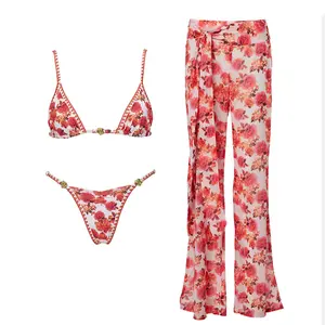 2026 new red print mini bikini set—fashionable, sexy women’s three-piece split bikini with long pants; holiday casual beach swimwear and hot spring wear