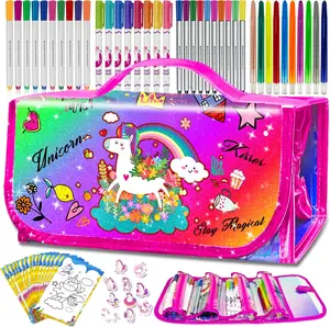 Easter Gift Kids Washable Scented Markers Set with Pencil Case, Kids Art Supplies Unicorn Markers Drawing Kits with Coloring Paper & Stickers for 4-8 Years Old Girls Birthday Gifts (Rainbow Unicorn, Multicolor)