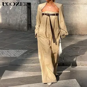 UOOZEE retro khaki strapless jumpsuit for women, fashionable shawl style long sleeved design, niche waist cinched wide leg pants, temperament commuting casual jumpsuit