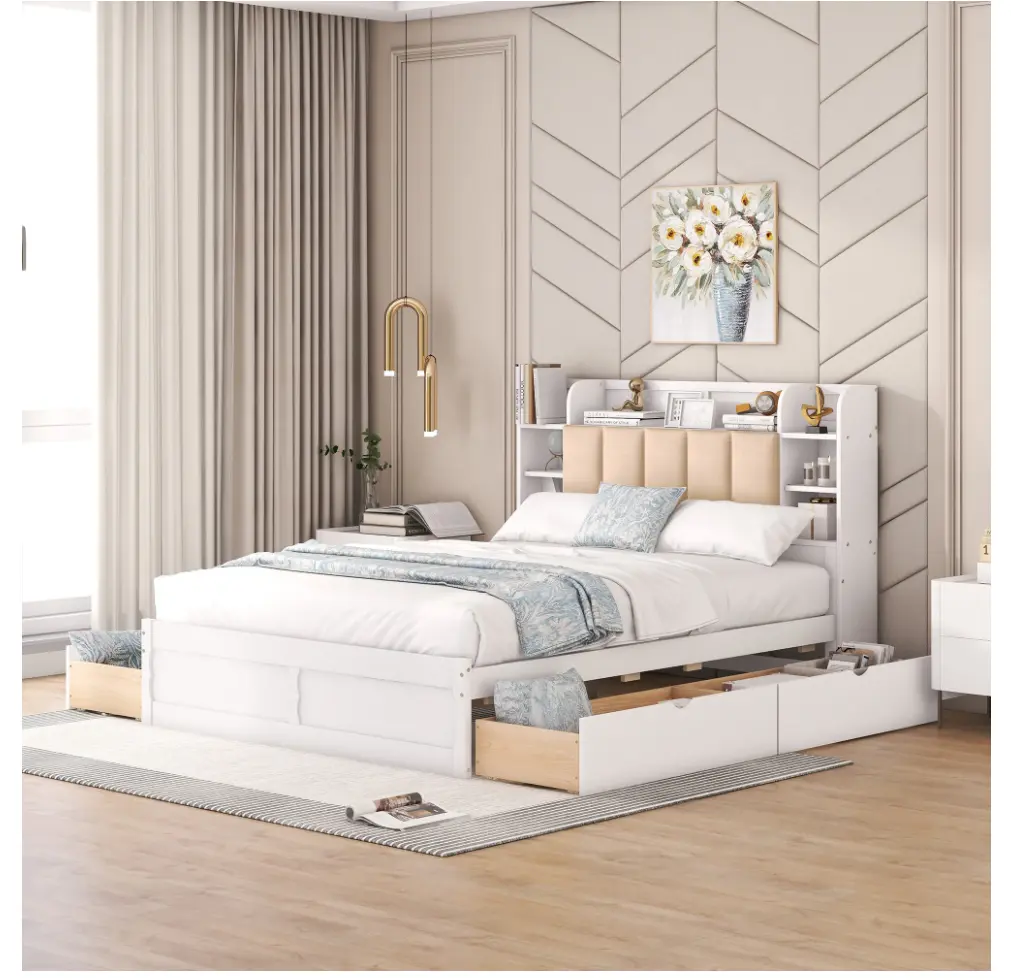 Upholstered Queen Bed, Wood Platform Bed with Shelves and Drawers for Adults, Heavy Duty for Bedroom,Guests Room,White