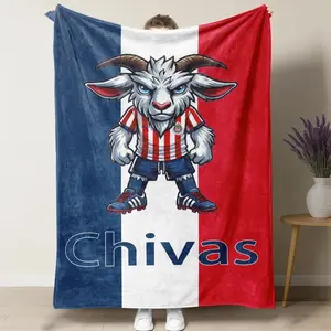 UVVUVV -  Chivas GOAT Mascot Soccer Blanket – Bold Cartoon Goat in Chivas Striped Jersey on Red, White & Blue Background, Perfect for Soccer Fans, Cozy Couch/Bed Decor