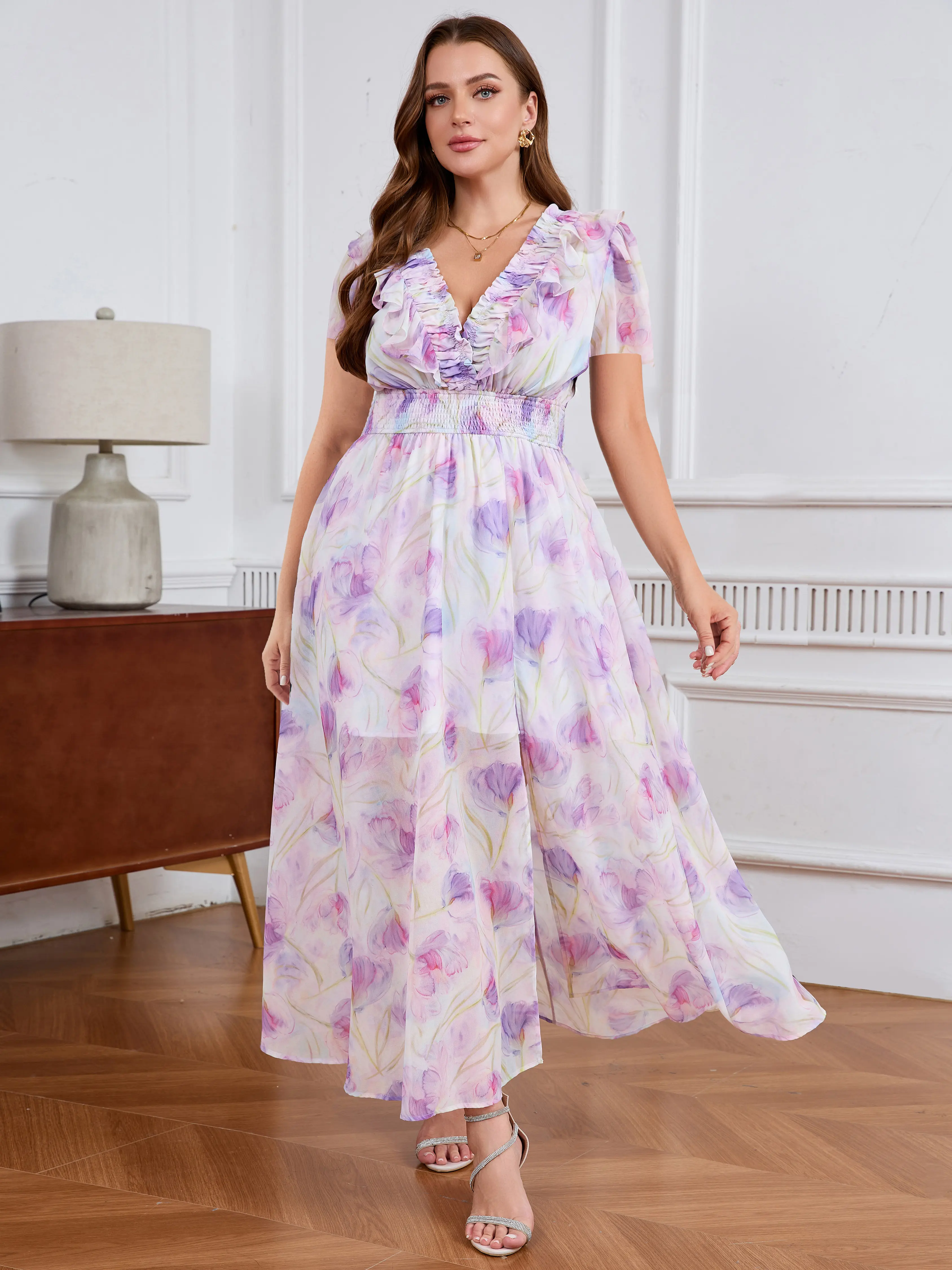a line floral dress with sleeves Floral Mother of the Groom Dresses 2026 Tulle A-Line V-Neck Half Sleeves Floor-Length Elegant Formal Evening Party Gowns main image 0