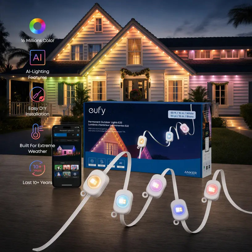 eufy E22 Permanent Outdoor LED Christmas Lights - 100ft 60 Triple-LED Dimmable 110-120V WiFi Lights with Adhesive Tape, Flexible Smart RGBWW Color Changing, IP67 Waterproof, AI-Powered Themes, Camera Link Compatibility, Customization, Home Decor
