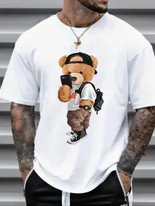 Men's Cartoon Bear Print Round Neck Tee, Regular Fit Casual Short Sleeve Crew Neck T-Shirt for Summer, Fashion Men's Top for Daily Wear