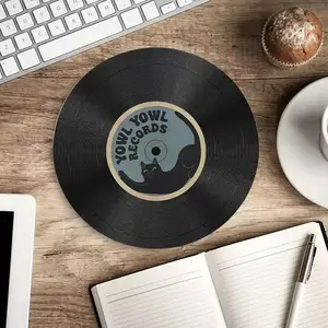 Vintage vinyl record round mouse pad black cat design Non-slip rubber Stitched Edge home Office game universal computer desk mat Gaming Mouse Pads Non Slip Mousepad
