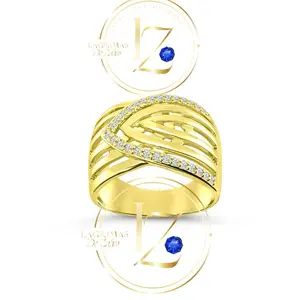 COD1016   Gold Plated Crystal Statement Ring Wide Band Criss-Cross Design for Women with Blue Accents