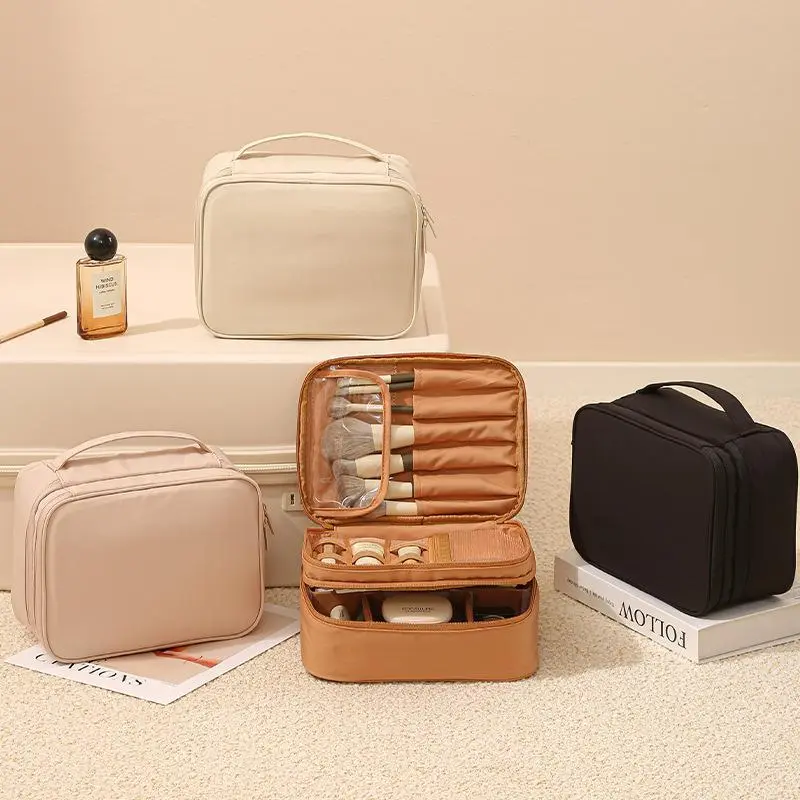 Women's Elegant Plain Double-Layer Double-Zipped Make-Up Bag - High-Capacity Vanity Purse with Built-In Organizer, Brush Holder, Partitions, Portable Travel Makeup Containers, Beauty Storage Pouch, Portable Vanity