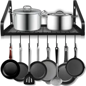 Black Wall Mounted Hanging Pots & Pans Rack Organizer Holder with 8 Hooks, Kitchen Wall Storage Hanger Shelves for Pans Utensils Cookware Books Household Storage