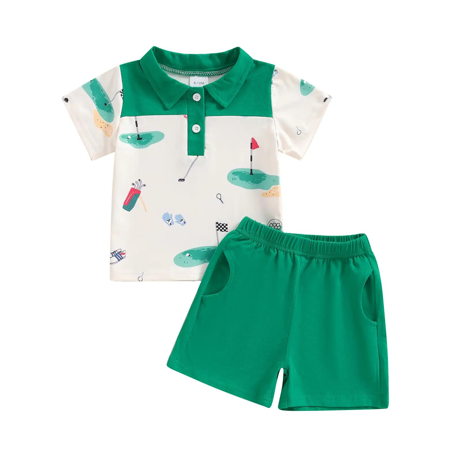 2Pcs Toddler Baby Boys Golf Outfit Short Sleeve Golf Cart Print Polo T-shirt Tops Elastic Waist Shorts Infant Summer Shorts Tracksuit