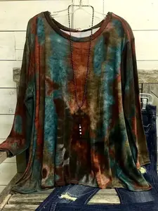 [Plus Size] Tie Dye Print Long Sleeve Fitted Tee, Top, Casual Round Neck T-shirt for Spring & Fall, Women's Clothing for Daily Wear, Piece