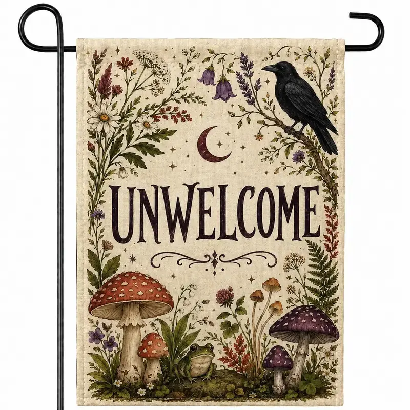 Gothic Raven & Mushroom Floral Print Garden Flag, Dark Cottagecore Halloween Aesthetic Outdoor Decor, Witchy Porch Backdrop Arch Spooky Gift, Spooky Gifts