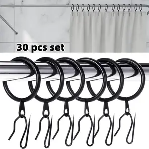 30 Pcs Metal Drapery Curtain Rings and 30 Pcs Hanging Curtain Drapery Pin Hooks for Window Door Shower(32 mm,Black)