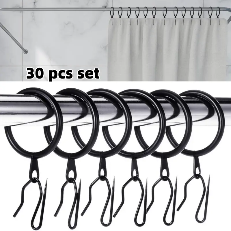 Black 32mm Metal Drapery Curtain Rings & Bathroom Curtain Hooks Set - 30 Pcs Rings + 30 Pcs Hanging Pin Hooks for Windows, Doors, Showers
