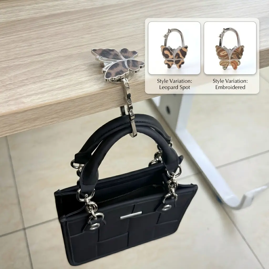 Foldable Butterfly Purse Hook, Zinc Alloy Handbag Hanger with Decorative Pattern, Portable Table Bag Holder for Restaurants, Cafes, Office and Travel
