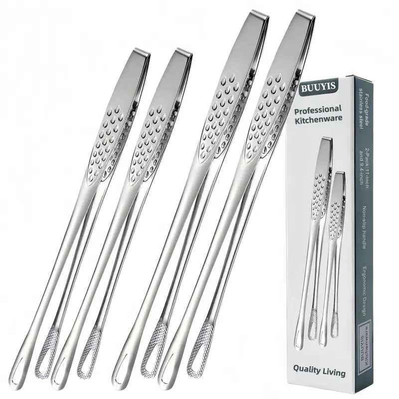 BUUYIS 2-Pack Stainless Steel Barbecue Tongs Utensils - 2-Pack Value 11-in & 9.4-in Sizes for Grills, Heavy-Duty Heat-Safe Steel, Rust-Resistant, Ergonomic Long Handles, Durable, for Indoor/Outdoor Use