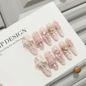 10Pcs Pink Butterfly & Sweet Bear Design Nail Art , Handmade Heavy Craft Decoration, Sweet Aesthetic False Nails, Jelly Glue Set, Easy To Apply, Elegant Rhinestone Decorated, Glittering Fake Nails, Glitter Rhinestones