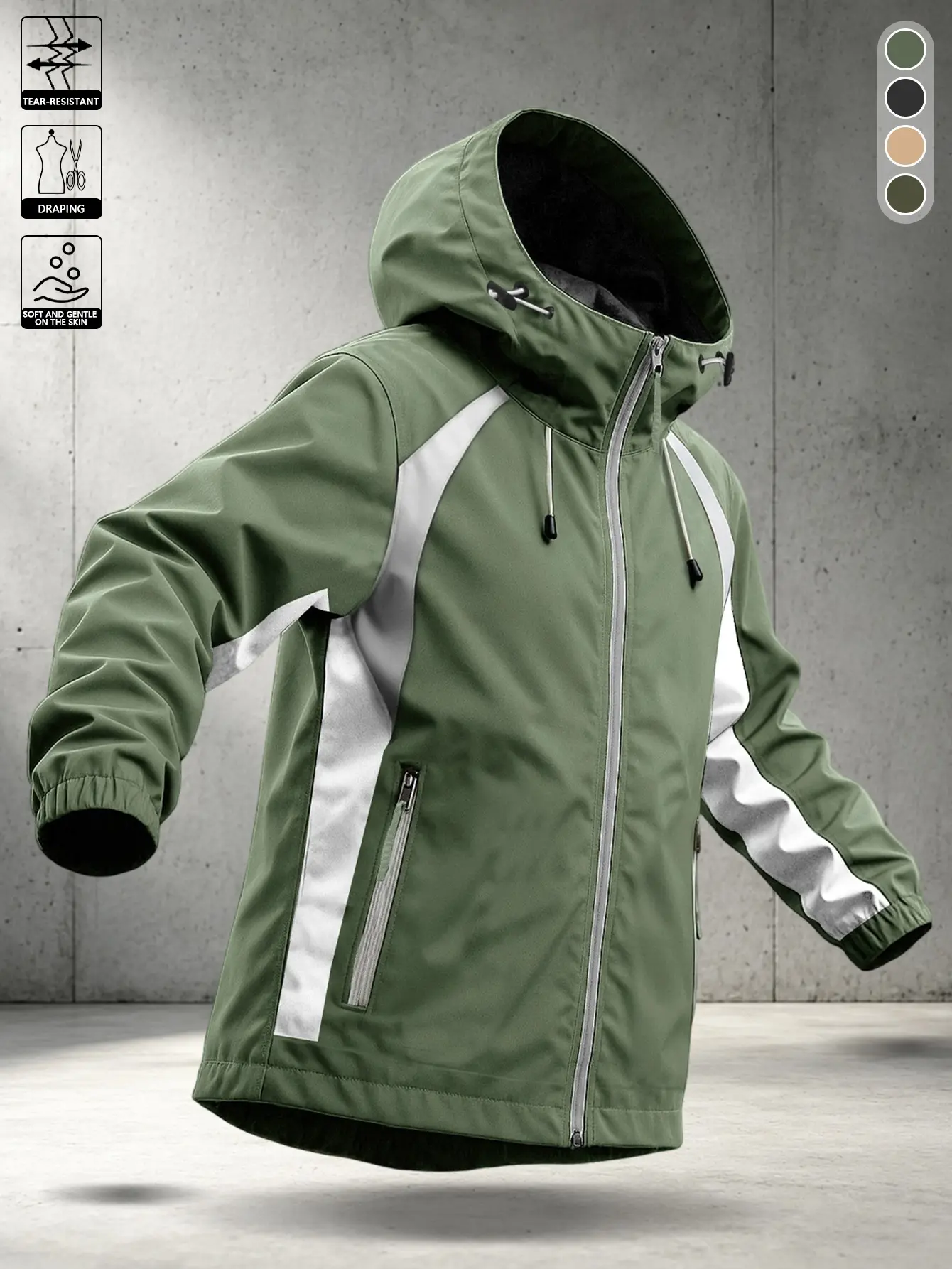 Men’s geometric color-block patchwork hooded windproof softshell jacket. Fabric is wear-resistant, skin-friendly, and drapes well. Windproof and water-repellent, lightweight and breathable. Full-zip jacket featuring an adjustable drawstring hood, side zip