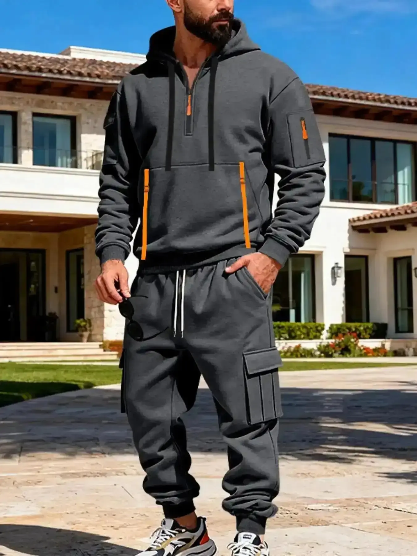 Unisex Men Winter Tech Fleece Hoodie Sweatpants Set Multi Pocket Zipper Drawstring Comfortable Casual Warm 2026