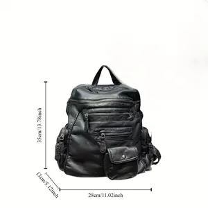 1pc Retro Black Synthetic Leather Backpack for Women - Edgy Spicy Motorcycle Bag with Removable Strap, Multi-Pocket Zipper Closure, Polyester-Lined Foldable Street Style Bag for Work, Commuting, Dating & Parties