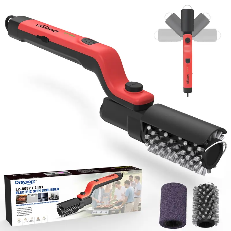 Electric Grill Cleaning Brush - High Torque BBQ Utensil with 3-Speed Modes, 20kg Max Torque, Metallic Reinforced Steel Bristles, Reinforced Head, Roller, 200°C Heat Safe, Type-C Rechargeable, Safe for Porcelain Cast Iron Stainless Steel, Father's Day Gift