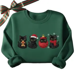 [Made in US] EMBROIDERED Christmas Black Cats Sweatshirt, Cute Holiday Cat Lover Sweater, Festive Kitty Crewneck, Funny Xmas Gift, Cozy Winter Cat Shirt